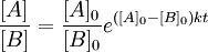 \frac{[A]}{[B]} = \frac{[A]_0}{[B]_0} e^{([A]_0 - [B]_0)kt}