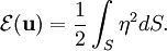 \mathcal{E}(\mathbf{u}) =\frac{1}{2} \int_{S} \eta^{2}dS.