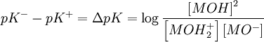 pK^- - pK^+ = \Delta pK = \log {\frac{\left[MOH\right]^2}{\left[MOH{_2^+}\right]\left[MO^-\right]}}