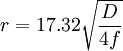 r = 17.32  \sqrt{{D} \over {4 f}}
