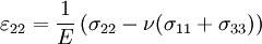 \varepsilon_{22} = \frac{1}{E}\left( \sigma_{22} - \nu(\sigma_{11}+\sigma_{33}) \right)