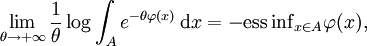 \lim_{\theta \to + \infty} \frac1{\theta} \log \int_{A} e^{- \theta \varphi(x)} \, \mathrm{d} x = - \mathop{\mathrm{ess \, inf}}_{x \in A} \varphi(x),