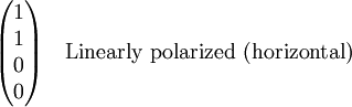 \begin{pmatrix} 1 \\ 1 \\ 0 \\ 0\end{pmatrix} \quad \textrm{Linearly\ polarized\ (horizontal)}