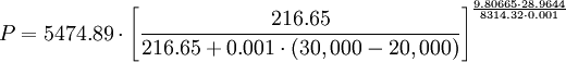 {P}=5474.89 \cdot \left[\frac{216.65}{216.65 + 0.001\cdot(30,000-20,000)}\right]^\frac{9.80665  \cdot 28.9644}{8314.32 \cdot 0.001}