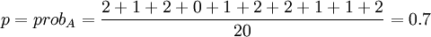 p=prob_A=\frac{2+1+2+0+1+2+2+1+1+2}{20}=0.7