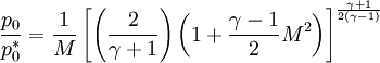 \ \frac{p_0}{p_0^*} = \frac{1}{M}\left[\left(\frac{2}{\gamma + 1}\right)\left(1 + \frac{\gamma - 1}{2}M^2\right)\right]^\frac{\gamma + 1}{2\left(\gamma - 1\right)}