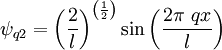 \psi_{q2}=\left ( \frac{2}{l} \right )^{\left ( \frac{1}{2} \right )}\sin{\left ( \frac{2\pi\ qx}{l} \right)}