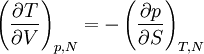 ~ \left ( {\partial T\over \partial V} \right )_{p,N}  = -\left ( {\partial p\over \partial S} \right )_{T,N} ~