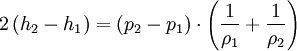 2\left(h_2-h_1\right)=\left(p_2-p_1\right)\cdot \left(\frac{1}{\rho_1}+\frac{1}{\rho_2}\right)