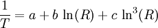\frac{1}{T}=a+b\,\ln(R)+c\,\ln^3(R)
