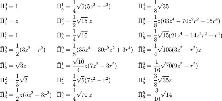 \begin{align}  \bar{\Pi}^0_0 & = 1   &       \bar{\Pi}^1_3 & = \frac{1}{4}\sqrt{6}(5z^2-r^2)  &             \bar{\Pi}^4_4 & = \frac{1}{8}\sqrt{35}  \\  \bar{\Pi}^0_1 & = z   &       \bar{\Pi}^2_3 & = \frac{1}{2}\sqrt{15}\; z    &             \bar{\Pi}^0_5 & = \frac{1}{8}z(63z^4-70z^2r^2+15r^4) \\  \bar{\Pi}^1_1 & = 1   &       \bar{\Pi}^3_3 & = \frac{1}{4}\sqrt{10}        &             \bar{\Pi}^1_5 & = \frac{1}{8}\sqrt{15} (21z^4-14z^2r^2+r^4) \\  \bar{\Pi}^0_2 & = \frac{1}{2}(3z^2-r^2) &       \bar{\Pi}^0_4 & = \frac{1}{8}(35 z^4-30 r^2 z^2 +3r^4 ) &             \bar{\Pi}^2_5 & = \frac{1}{4}\sqrt{105}(3z^2-r^2)z \\  \bar{\Pi}^1_2 & = \sqrt{3}z &       \bar{\Pi}^1_4 & = \frac{\sqrt{10}}{4} z(7z^2-3r^2) &             \bar{\Pi}^3_5 & = \frac{1}{16}\sqrt{70} (9z^2-r^2) \\  \bar{\Pi}^2_2 & = \frac{1}{3}\sqrt{3}  &       \bar{\Pi}^2_4 & = \frac{1}{4}\sqrt{5}(7z^2-r^2)  &             \bar{\Pi}^4_5 & = \frac{3}{8}\sqrt{35} z  \\  \bar{\Pi}^0_3 & = \frac{1}{2} z(5z^2-3r^2) &       \bar{\Pi}^3_4 & = \frac{1}{4}\sqrt{70}\;z  &             \bar{\Pi}^5_5 & = \frac{3}{16}\sqrt{14} \\  \end{align}