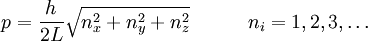 p=\frac{h}{2L}\sqrt{n_x^2+n_y^2+n_z^2}~~~~~~~~~n_i=1,2,3,\ldots