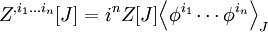 Z^{,i_1\dots i_n}[J]=i^n Z[J] {\left \langle \phi^{i_1}\cdots \phi^{i_n}\right\rangle}_J