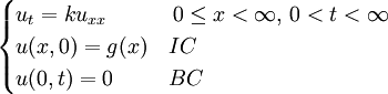 \begin{cases} u_{t}=ku_{xx} & \, 0\le x<\infty, \, 0<t<\infty \\ u(x,0)=g(x) & IC \\ u(0,t)=0 & BC \end{cases}