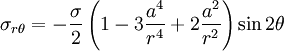 \sigma_{r\theta} = - \frac{\sigma}{2}\left(1 - 3\frac{a^4}{r^4} + 2\frac{a^2}{r^2}\right)\sin 2\theta