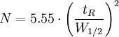 N = 5.55 \cdot \left(\frac{t_R}{W_{1/2}}\right)^2 \,
