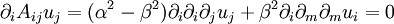 \partial_i A_{ij}u_j = (\alpha^2-\beta^2)\partial_i\partial_i\partial_ju_j+\beta^2\partial_i\partial_m\partial_mu_i = 0