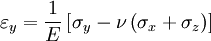 \varepsilon_y = \frac {1}{E} \left [ \sigma_y - \nu \left ( \sigma_x + \sigma_z \right ) \right ]