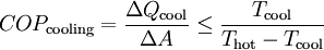 COP_{\mathrm{cooling}} = \frac{\Delta Q_{\mathrm{cool}}}{\Delta A} \leq \frac{T_{\mathrm{cool}}}{T_{\mathrm{hot}}-T_{\mathrm{cool}}}