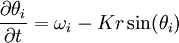\frac{\partial \theta_i}{\partial t} = \omega_i - K r \sin(\theta_i)