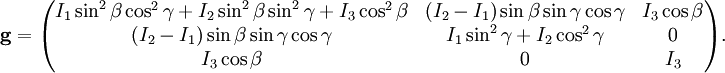 \mathbf{g}= \begin{pmatrix} I_1 \sin^2\beta \cos^2\gamma+I_2\sin^2\beta\sin^2\gamma+I_3\cos^2\beta & (I_2-I_1) \sin\beta\sin\gamma\cos\gamma & I_3\cos\beta \\ (I_2-I_1) \sin\beta\sin\gamma\cos\gamma & I_1\sin^2\gamma+I_2\cos^2\gamma & 0 \\ I_3\cos\beta & 0 & I_3 \\ \end{pmatrix}.