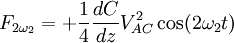 F_{2 \omega_2} = + \frac{1}{4} \frac{dC}{dz} V^2_{AC} \cos(2 \omega_2 t)