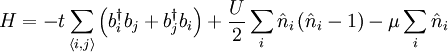 H = -t \sum_{ \left\langle i, j \right\rangle } \left( b^{\dagger}_i b_j + b^{\dagger}_j b_i \right) + \frac{U}{2} \sum_{i} \hat{n}_i \left( \hat{n}_i - 1 \right) - \mu \sum_i \hat{n}_i