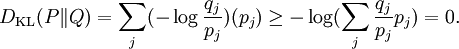 D_{\mathrm{KL}}(P\|Q) = \sum_j (- \log \frac{q_j}{p_j})(p_j) \geq - \log ( \sum_j \frac{q_j}{p_j} p_j ) = 0.