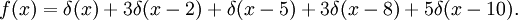 f(x) = \delta(x) + 3 \delta(x-2) + \delta(x-5) + 3 \delta(x-8) + 5 \delta(x-10). \,