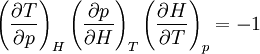 \left(\frac{\partial T}{\partial p}\right)_H \left(\frac{\partial p}{\partial H}\right)_T \left(\frac{\partial H}{\partial T}\right)_p = -1