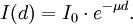 I(d) = I_0 \cdot e ^{-\mu d}.