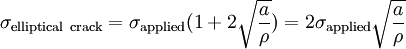 \sigma_\mathrm{elliptical\ crack} = \sigma_\mathrm{applied}(1 + 2 \sqrt{ \frac{a}{\rho}}) = 2 \sigma_\mathrm{applied} \sqrt{\frac{a}{\rho}}