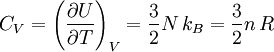 C_V=\left(\frac{\partial U}{\partial T}\right)_V=\frac{3}{2}N\,k_B =\frac{3}{2}n\,R
