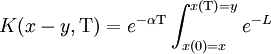 K(x-y,\Tau) = e^{-\alpha \Tau} \int_{x(0)=x}^{x(\Tau)=y} e^{-L} \,