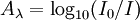 A_\lambda = \log_{10}(I_0/I)\,