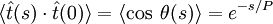 \langle\hat t(s) \cdot \hat t(0)\rangle=\langle \cos \; \theta (s)\rangle = e^{-s/P}\,