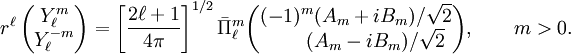 r^\ell\, \begin{pmatrix}  Y_\ell^{m} \\  Y_\ell^{-m} \end{pmatrix} = \left[\frac{2\ell+1}{4\pi}\right]^{1/2} \bar{\Pi}^m_\ell   \begin{pmatrix} (-1)^m (A_m +  i B_m)/\sqrt{2} \\ \qquad (A_m -  i B_m)/\sqrt{2} \\ \end{pmatrix} , \qquad m > 0.