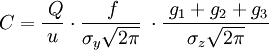 C = \frac{\;Q}{u}\cdot\frac{\;f}{\sigma_y\sqrt{2\pi}}\;\cdot\frac{\;g_1 + g_2 + g_3}{\sigma_z\sqrt{2\pi}}