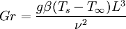 Gr = \frac{g \beta (T_s - T_\infty ) L^3}{\nu ^2}\,