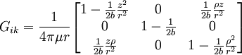 G_{ik}=\frac{1}{4\pi \mu r}\begin{bmatrix} 1-\frac{1}{2b}\frac{z^2}{r^2}&0&\frac{1}{2b}\frac{\rho z}{r^2}\\ 0&1-\frac{1}{2b}&0\\ \frac{1}{2b}\frac{z \rho}{r^2}&0&1-\frac{1}{2b}\frac{\rho^2}{r^2} \end{bmatrix}