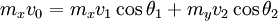 m_x v_0 = m_x v_1 \cos \theta_1 + m_y v_2 \cos \theta_2 \,\!