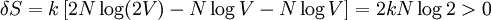 \delta S = k \left[ 2N \log(2V) - N\log V - N \log V \right] = 2 k N \log 2 > 0