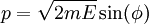 p = \sqrt{2 m E} \sin(\phi)