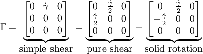 \Gamma = \begin{matrix} \underbrace \begin{bmatrix} 0 & {\dot \gamma} & 0 \\  0 & 0 & 0 \\ 0 & 0 & 0 \end{bmatrix} \\ \mbox{simple shear}\end{matrix} = \begin{matrix} \underbrace \begin{bmatrix} 0 & {\dot \gamma \over 2} & 0 \\  {\dot \gamma \over 2} & 0 & 0 \\ 0 & 0 & 0 \end{bmatrix} \\ \mbox{pure shear} \end{matrix} + \begin{matrix} \underbrace \begin{bmatrix} 0 & {\dot \gamma \over 2} & 0 \\  {- { \dot \gamma \over 2}} & 0 & 0 \\ 0 & 0 & 0 \end{bmatrix} \\ \mbox{solid rotation} \end{matrix}