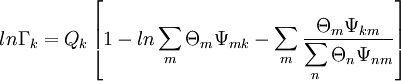 ln \Gamma_k = Q_k \left[1 - ln \displaystyle\sum_m \Theta_m \Psi_{mk} - \displaystyle\sum_m \frac{\Theta_m \Psi_{km}}{\displaystyle\sum_n \Theta_n \Psi_{nm}}\right]