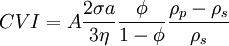 \ CVI = A\frac{2{\sigma}a}{3\eta}\frac{\phi}{1-\phi}\frac{\rho_p-\rho_s}{\rho_s}