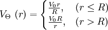 V_\Theta\ (r) = \begin{cases} \frac{V_0r}{R}, & (r \le R) \\ \frac{V_0R}{r}, & (r > R) \end{cases}