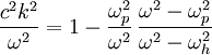 \frac{c^2k^2}{\omega^2}=1-\frac{\omega_p^2}{\omega^2}\, \frac{\omega^2-\omega_p^2}{\omega^2-\omega_h^2}