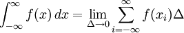 \int_{-\infty}^{\infty} f(x)\, dx = \lim_{\Delta \to 0} \sum_{i = -\infty}^{\infty} f(x_i) \Delta