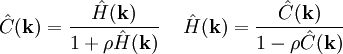 \hat{C}(\mathbf{k})=\frac{\hat{H}(\mathbf{k})}{1 +\rho \hat{H}(\mathbf{k})} \,\,\,\,\,\,\,  \hat{H}(\mathbf{k})=\frac{\hat{C}(\mathbf{k})}{1 -\rho \hat{C}(\mathbf{k})}     \,